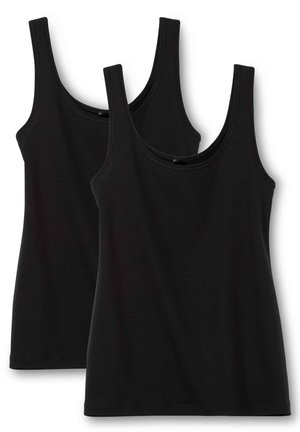 Two black tank tops made of smooth fabric, featuring wide straps and rounded necklines, with a simple hem design at the bottom.