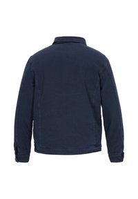 Mørkeblå, knappet jakke med lange ærmer, krave og detaljer ved manchetterne. Lavet af et glat stof, med et enkelt design og tætsiddende pasform.