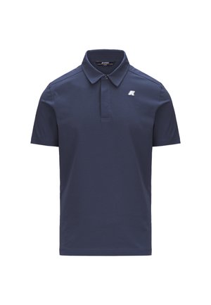 Polo di colore blu navy realizzato in tessuto di cotone liscio, con colletto classico, maniche corte e un piccolo logo bianco sul petto.