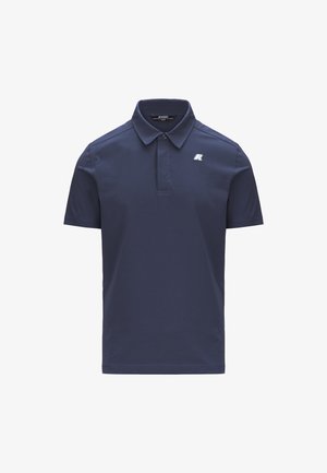 Polo di colore blu navy realizzato in tessuto di cotone liscio, con colletto classico, maniche corte e un piccolo logo bianco sul petto.