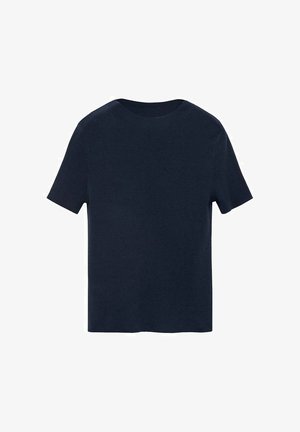 Temno modra majica s kratkimi rokavi, okroglo izrezana, izdelana iz mehkega blaga, z ravnim krojem in brez vidnih vzorcev ali poudarkov.