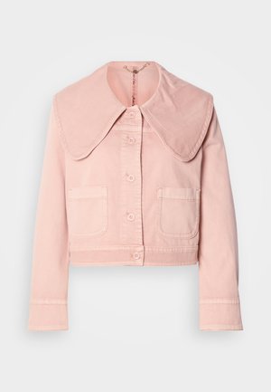Pink cropped denimjakke med stor krave, to forlommer og knaplukning foran.