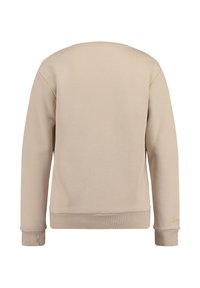 Felpa beige con maniche lunghe, scollatura tondeggiante e polsini a costine. Presenta un piccolo logo ricamato in basso a destra. Tessuto morbido.