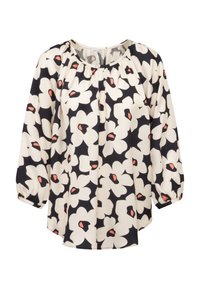 Blusa floreale con scollatura rotonda, in un schema di colori bianco e nero, caratterizzata da grandi fiori bianchi con accenti corallo e maniche ampie.