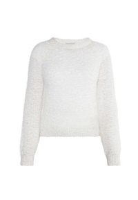 Witte gebreide trui met lange mouwen, zachte textuur en een cropped ontwerp met een ronde hals.