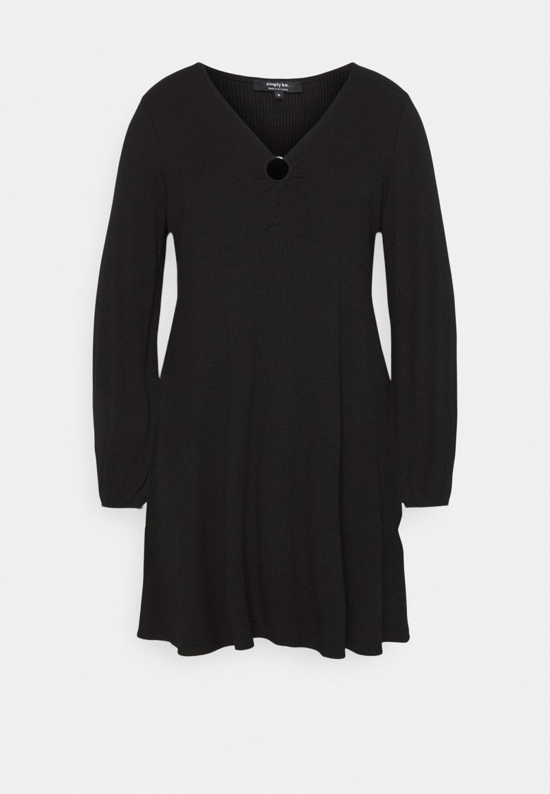 Robe noire à manches longues avec décolleté en V et un bouton unique au niveau de la poitrine, avec une jupe légèrement évasée.