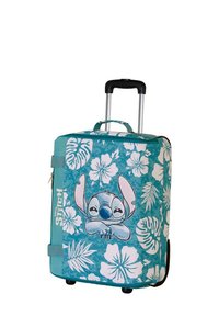 Maleta rígida en color azul verdoso con un patrón floral y un personaje de dibujo animado. Cuenta con un mango retráctil y dos ruedas para facilitar su movilidad.