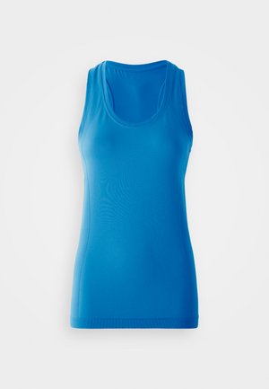 Débardeur sans manches bleu en tissu lisse et extensible, avec un col rond et une coupe ajustée. Pas de motifs ni d'accents.