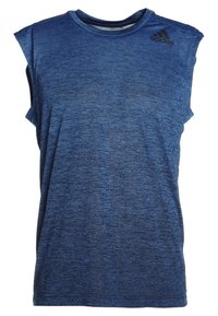 Blue sleeveless Adidas sports shirt with a crew neck and black Adidas logo on the upper left chest.