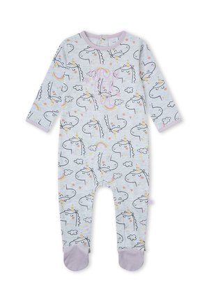 Pijama de bebé gris claro con mangas largas y pies, cubierto con patrones de unicornios sonrientes, nubes, estrellas y arcoíris, con detalles de ribete rosa.