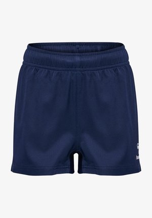 Marineblå sportsshorts med elastisk linning, glat tekstur og et lille hvidt logo på nederste højre side.