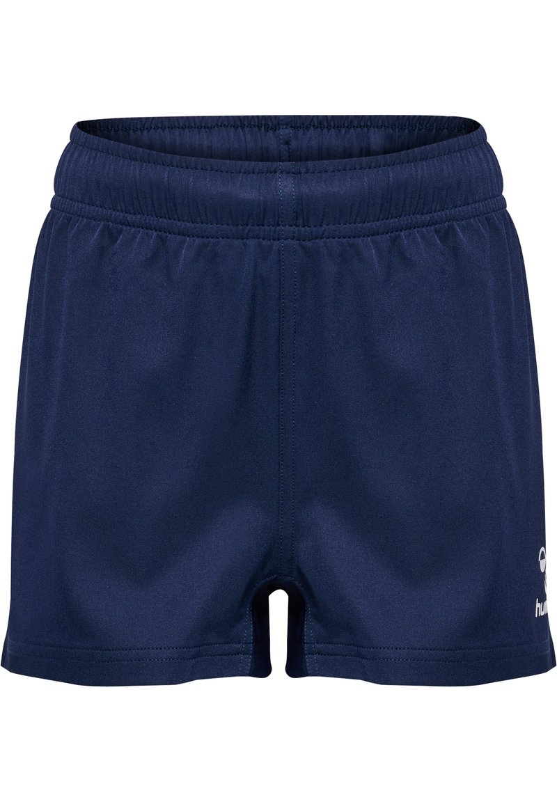 Marinblå sportshorts med elastisk midjeband, slät textur och en liten vit logotyp på nedre högra sidan.