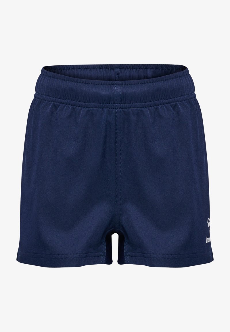 Marinblå sportshorts med elastisk midjeband, slät textur och en liten vit logotyp på nedre högra sidan.