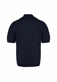 Polo-shirt bleu marine à manches courtes avec un col classique. Comprend des poignets et un ourlet côtelés, confectionné dans un tissu lisse et léger.
