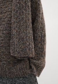 Brūns adīts džemperis, izgatavots no strukturētas, biezas dzijas ar smalkiem raibumiem. Piedurknes rotā ribota detaļa, kas savienota ar houndstooth raksta audumu uz leju.