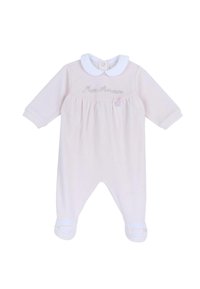 Lys pink baby romper med lange ærmer, hvid krave, broderet "Mon Amour" tekst og knapdetaljer på manchetterne. Blødt stof, afslappet design.