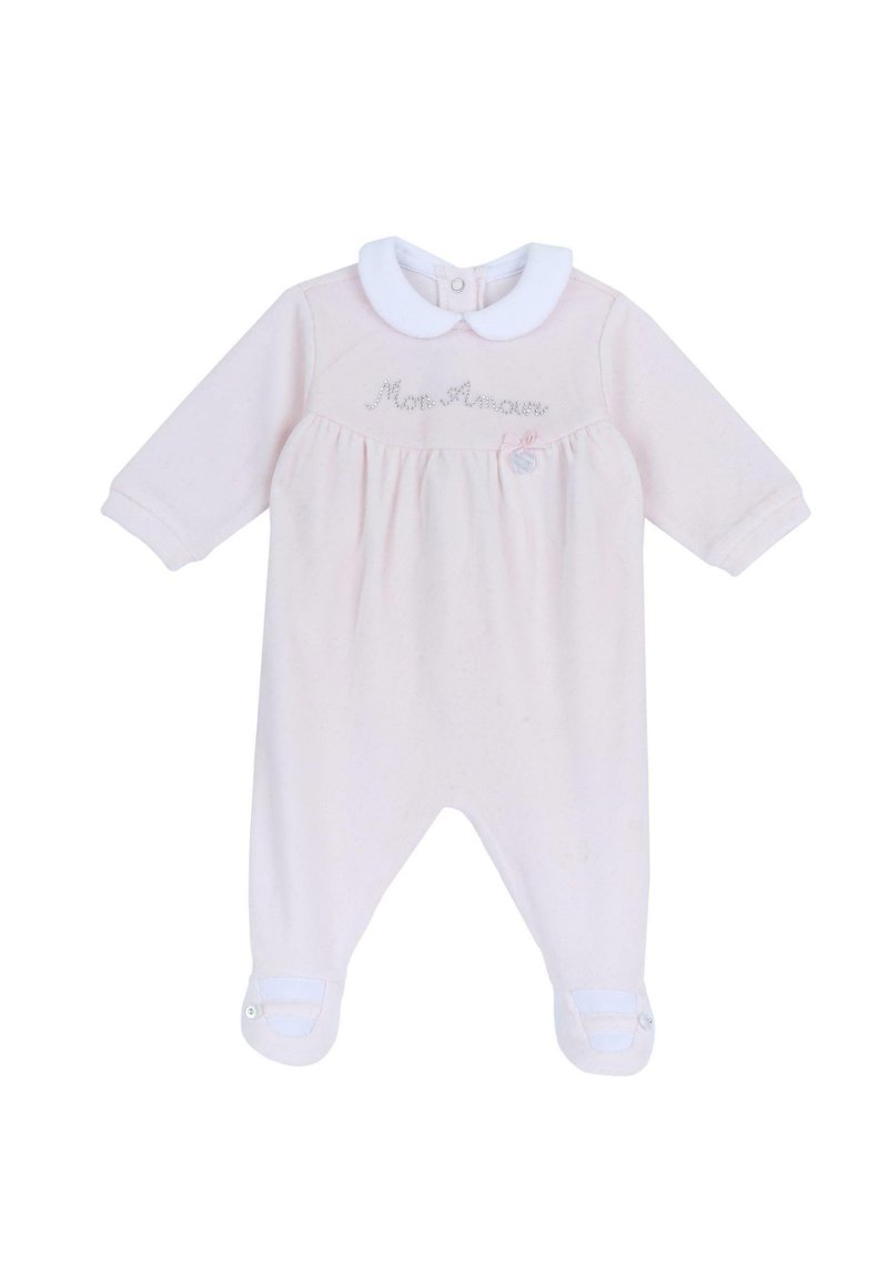 Lys pink baby romper med lange ærmer, hvid krave, broderet "Mon Amour" tekst og knapdetaljer på manchetterne. Blødt stof, afslappet design.