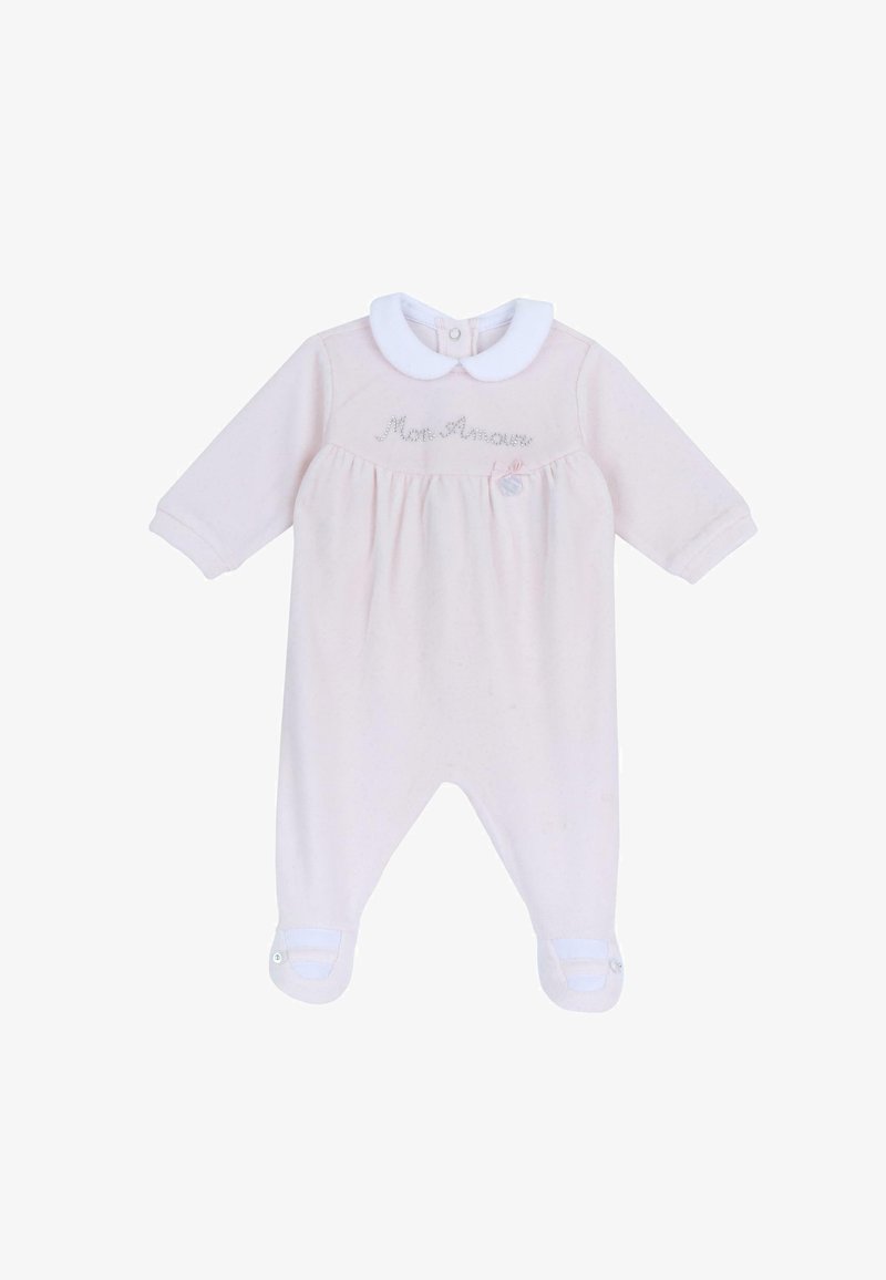 Lys pink baby romper med lange ærmer, hvid krave, broderet "Mon Amour" tekst og knapdetaljer på manchetterne. Blødt stof, afslappet design.