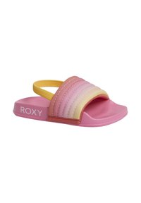Rosa halksandaler med en gul rem, som har en gradientdesign från rosa till gult och ribbad textur över remmen. Roxy-logotypen är närvarande.