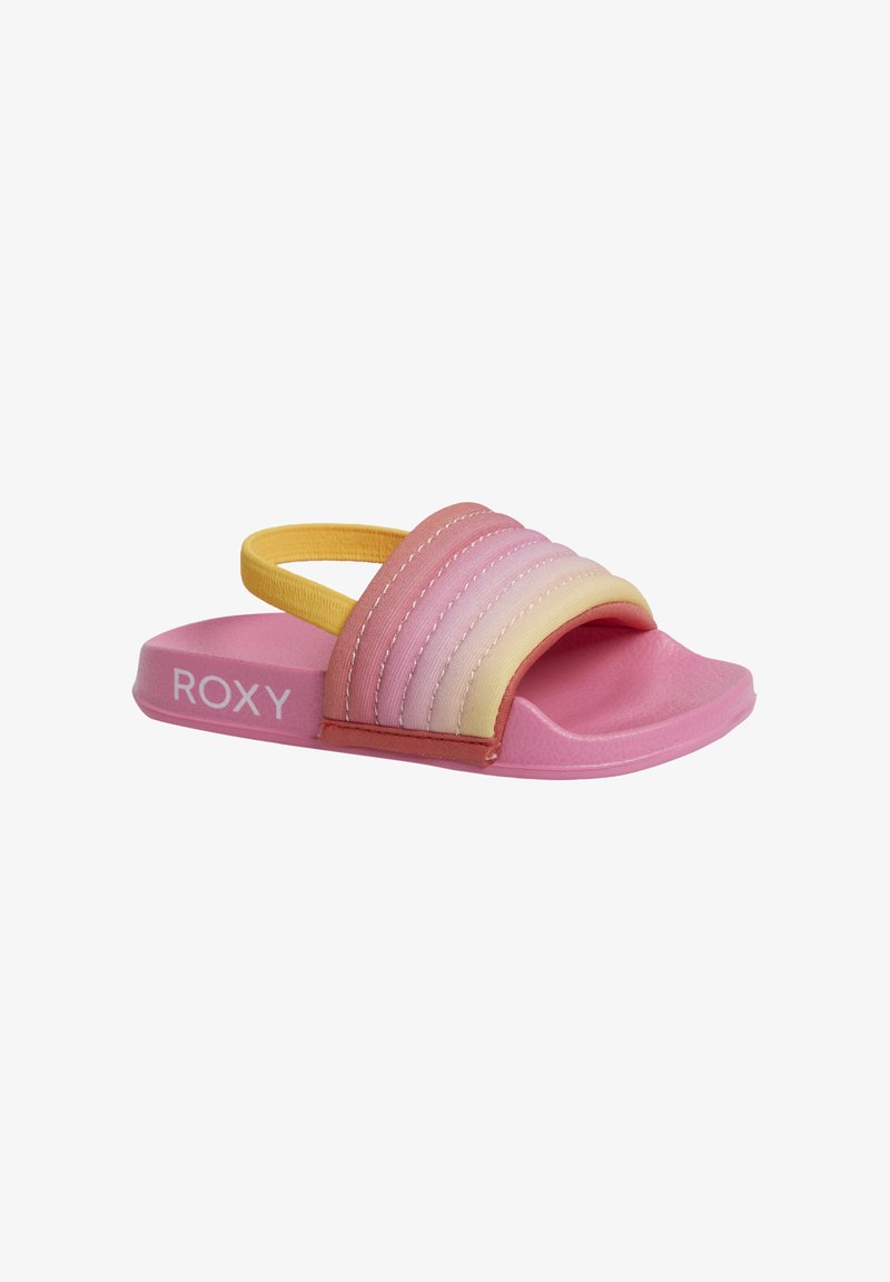 Pink slide sandal with a yellow strap, featuring a gradient design from pink to yellow, and ribbed texture across the strap. Roxy branding present.