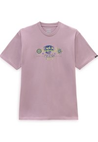 Lila bomull t-shirt med en grafisk design som har geometriska former och en texturerad bakgrund. Korta ärmar och rundad hals.