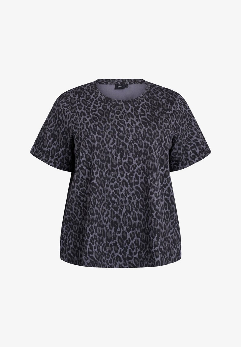 Leopard print short-sleeve top in gray and black. Soft fabric with a relaxed fit and round neckline. Casual design suitable for various occasions.