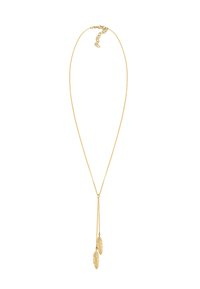 Guldfarvet halskæde med en delikat kæde, der har to bladformede vedhæng. Glat tekstur, minimalistisk design, justerbar lås.