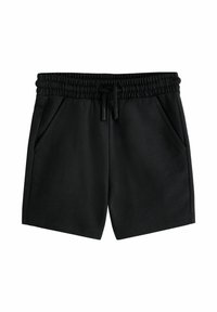Shorts noirs à taille élastique avec cordon de serrage et poches latérales, en tissu doux, conçus pour un usage décontracté.