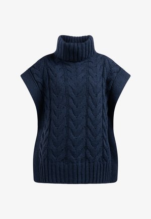 Marineblauer Strickpullover mit hohem Rollkragen und kurzen Ärmeln. Verfügt über ein strukturiertes Kabelmuster und einen gerippten Saum für zusätzlichen Detailreichtum.