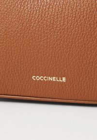 Superficie in pelle marrone con texture, con il nome del marchio "COCCINELLE" impresso in oro al centro verso il fondo.