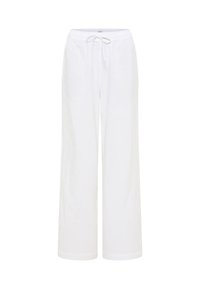 Białe, luźne lniane spodnie z elastycznym paskiem w talii i wiązaniem. Prosty krój nogawki o gładkiej fakturze.