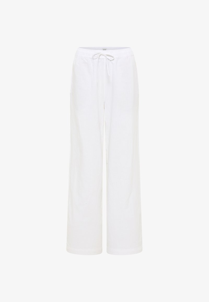 Białe, luźne lniane spodnie z elastycznym paskiem w talii i wiązaniem. Prosty krój nogawki o gładkiej fakturze.