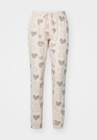 Ljusrosa pyjamasbyxor med elastisk midja och snörning, prydda med olika grå hjärtan i olika storlekar.