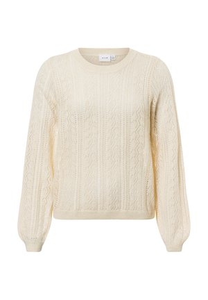 Cremfarbener gestrickter Pullover mit einem strukturierten Muster, langen Ballonärmeln und einem runden Halsausschnitt, aus leichtem Material gefertigt.