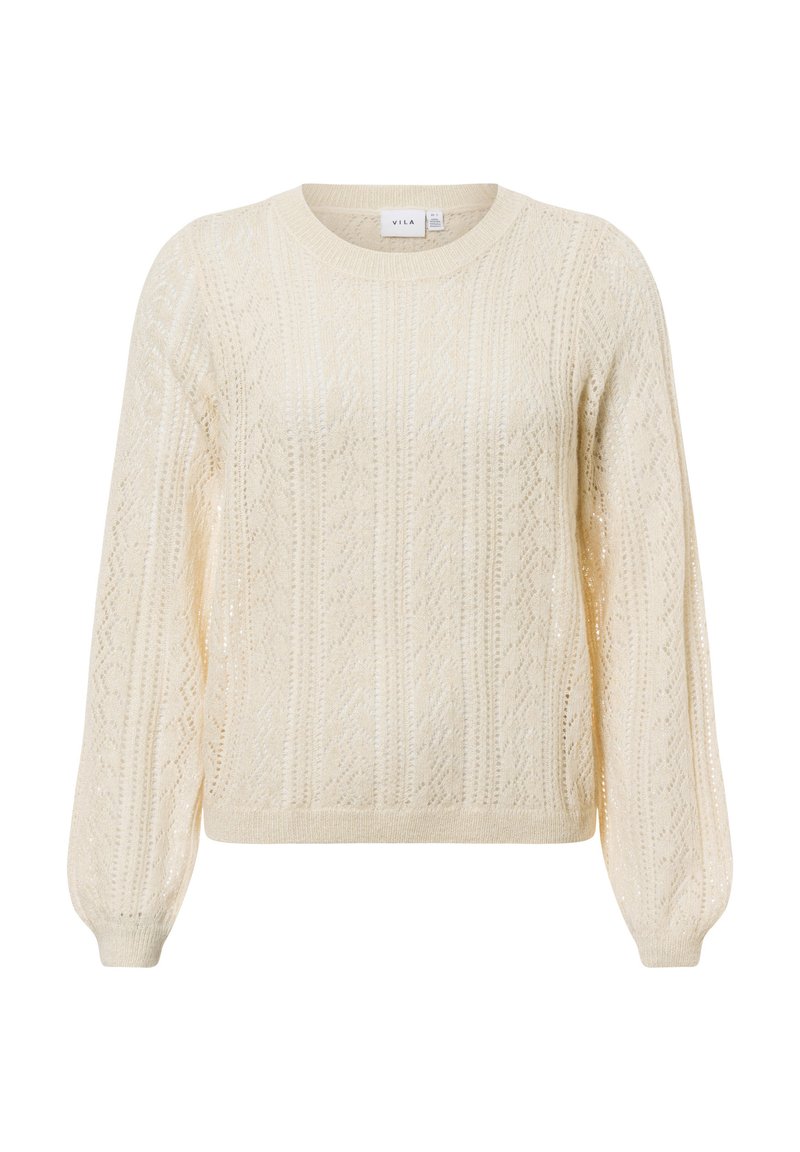 Cremfarbener gestrickter Pullover mit einem strukturierten Muster, langen Ballonärmeln und einem runden Halsausschnitt, aus leichtem Material gefertigt.