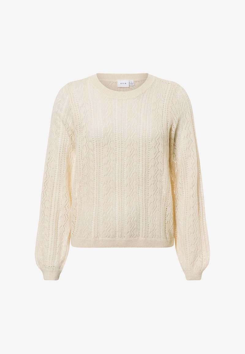 Cremfarbener gestrickter Pullover mit einem strukturierten Muster, langen Ballonärmeln und einem runden Halsausschnitt, aus leichtem Material gefertigt.