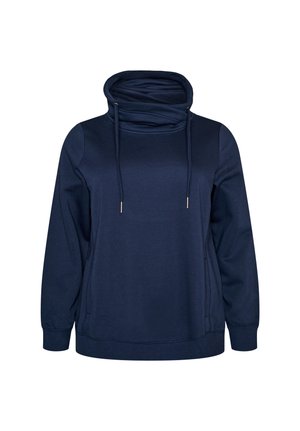 Marineblauer Hoodie mit langen Ärmeln, hohem Kragen und Kordelzug, mit gerippten Bündchen und geradem Saum.