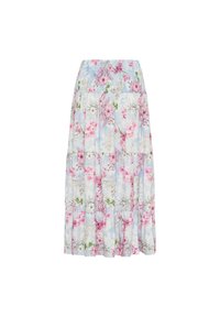 Blomstret maxikjole med en smocket talje. Har en lyseblå baggrund, lagdelt design og blomster mønstre i pink, grøn og hvid.