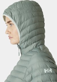 Svetle šedá, prošívaná péřová bunda s přiléhavou kapucí, s předním zipem a logo akcentem na pravém rukávu.