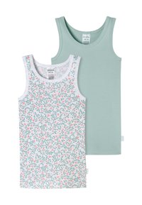 Two tank tops: one light mint green and one white with a floral pattern of pink hearts and green leaves. Made from organic cotton.