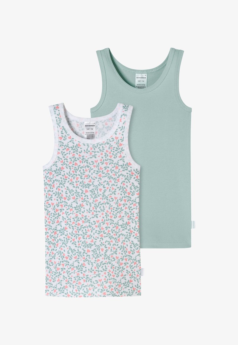 Zwei Tanktops: eines in hellminzgrün und eines in Weiß mit einem floralen Muster aus rosa Herzen und grünen Blättern. Hergestellt aus Bio-Baumwolle.