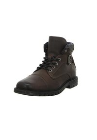 Braunes Leder-Ankle-Boot mit Gummisohle, runder Zehenpartie, Schnürdesign, gesteppten Details und einer Schnallenakzent auf der Seite.