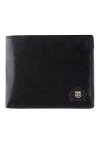 Portefeuille en cuir noir avec une texture lisse, présentant un emblème doré dans le coin inférieur droit et des coutures contrastées sur les bords.