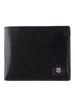 Black leather wallet with a smooth texture, featuring a gold emblem in the lower right corner and contrasting stitching on the edges.