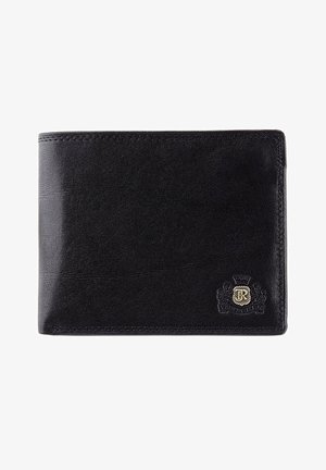 Portafoglio in pelle nera con una texture liscia, caratterizzato da un emblema dorato nell'angolo in basso a destra e cuciture a contrasto sui bordi.