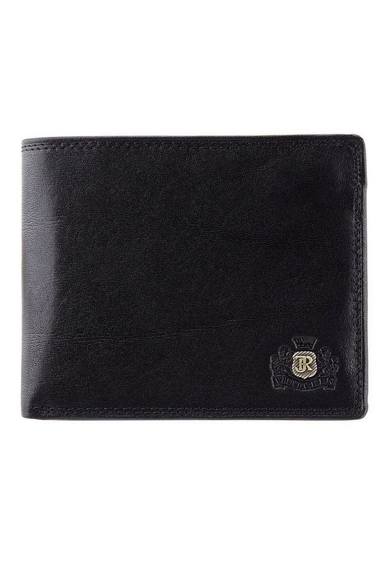 Portefeuille en cuir noir avec une texture lisse, présentant un emblème doré dans le coin inférieur droit et des coutures contrastées sur les bords.
