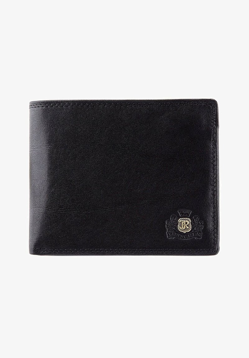 Portafoglio in pelle nera con una texture liscia, caratterizzato da un emblema dorato nell'angolo in basso a destra e cuciture a contrasto sui bordi.