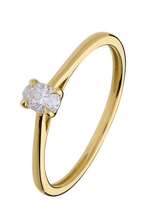 Yellow gold ring with a small round white diamond set in a four-prong setting on a smooth, polished band.