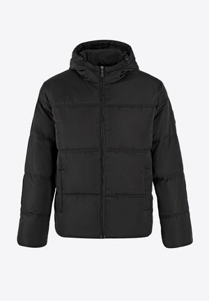 Černá péřová bunda se zapínáním na zip, kapucí a prošívanou strukturou. Má elastické manžety a horizontální švy pro izolaci. Lehký materiál.