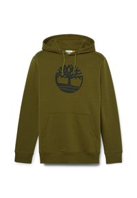 Felpa verde oliva realizzata in tessuto morbido, con un logo nero a forma di albero sul petto, una tasca a marsupio e un cappuccio regolabile con coulisse.